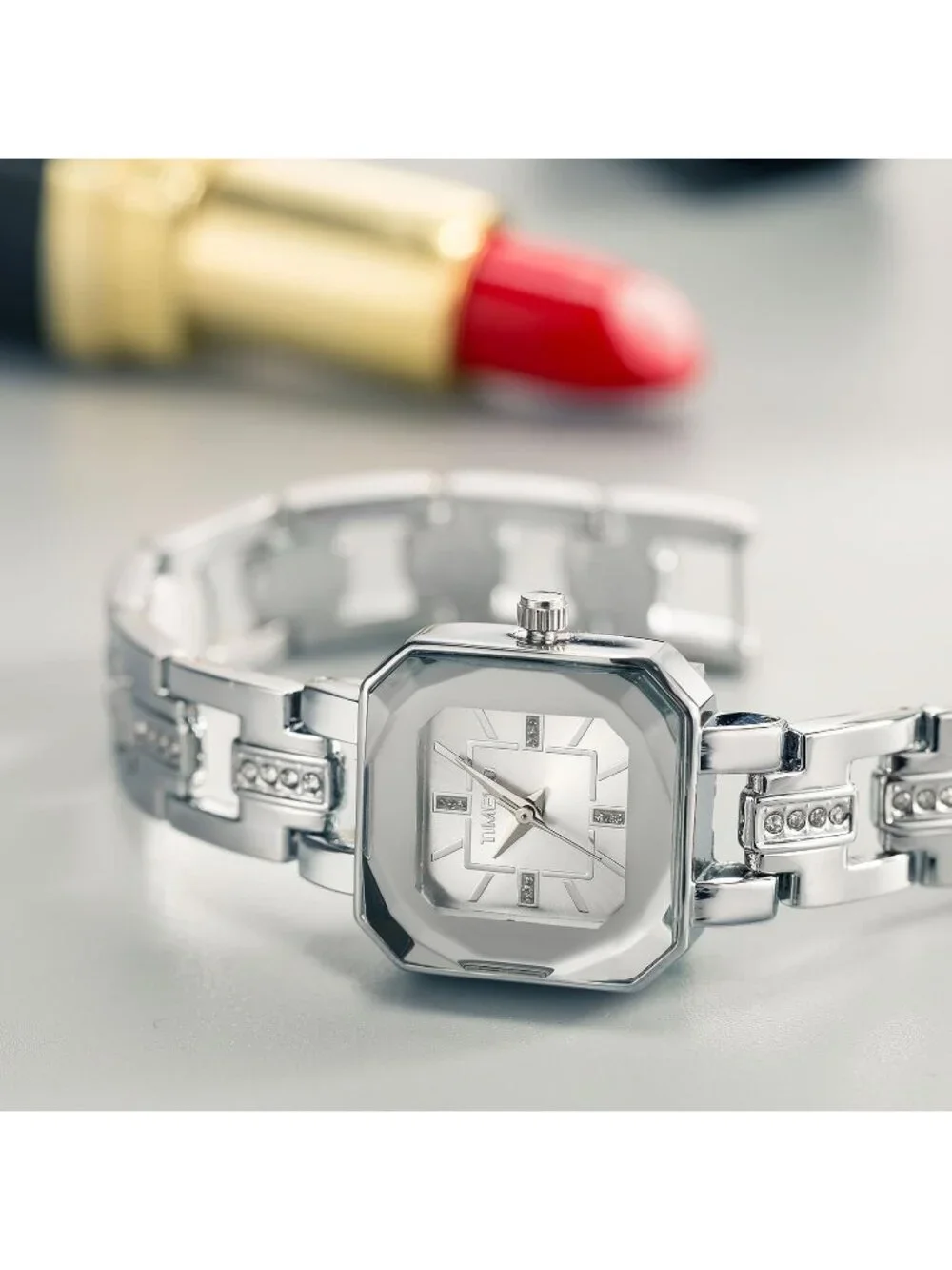 Women All Silver Analog Quartz Diamonds Waterproof Movement Bracelet Wrist Watch